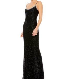 Mac Duggal Lattice Bead Black Sheath Gown Sz 4 - image 1